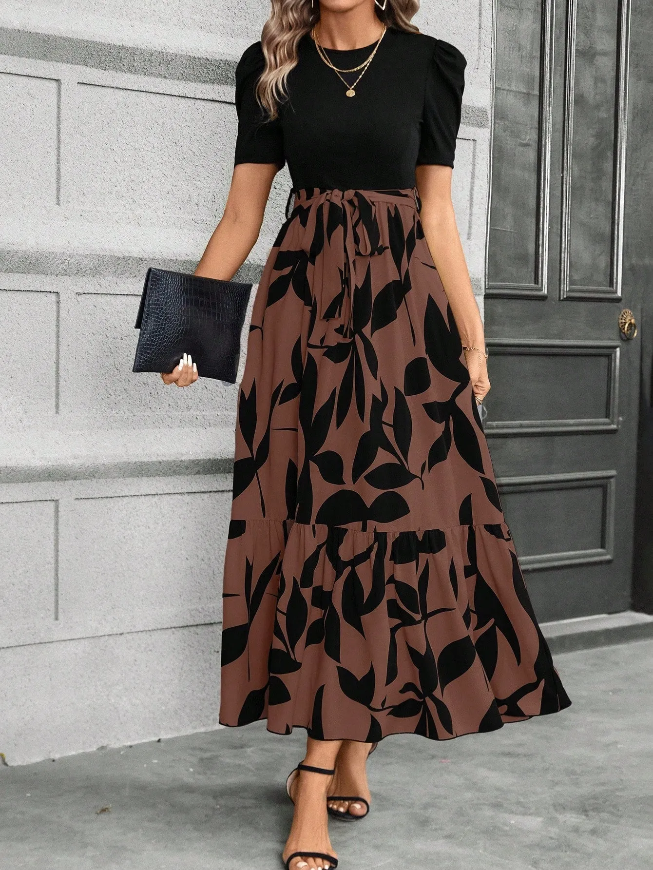 Casual Women's Black Patchwork Dress - Belted, A-Line, Puff Sleeves, High Waist