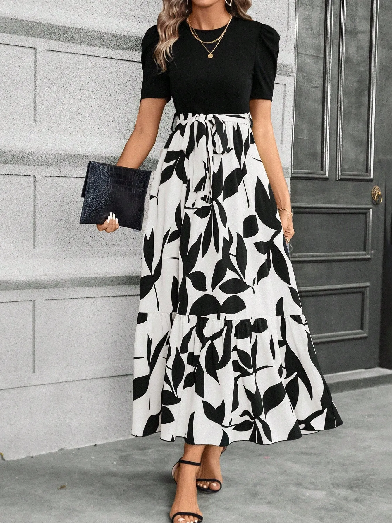 Casual Women's Black Patchwork Dress - Belted, A-Line, Puff Sleeves, High Waist
