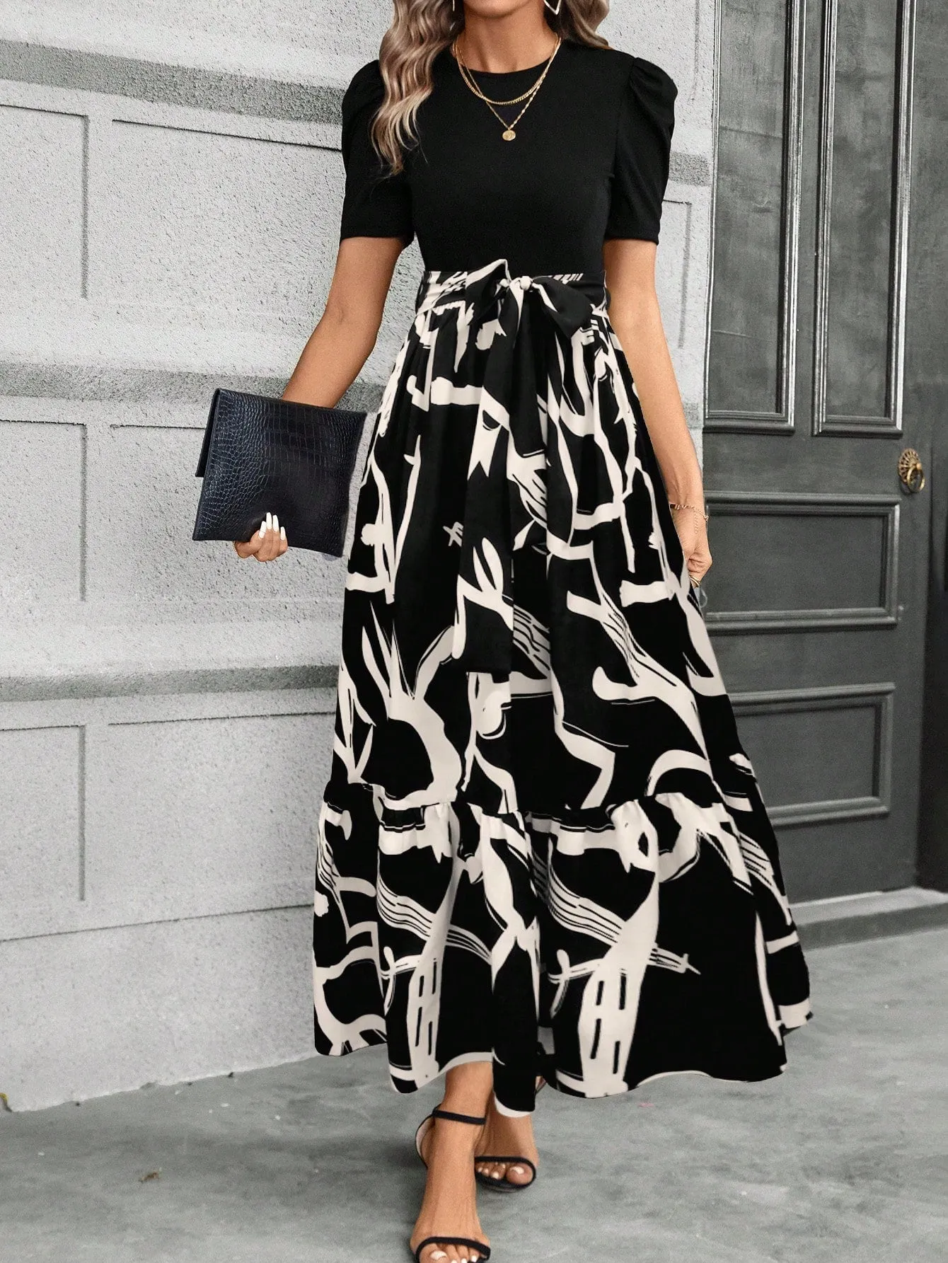 Casual Women's Black Patchwork Dress - Belted, A-Line, Puff Sleeves, High Waist
