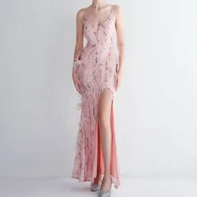 Catherine Strap Flower Beading Craft Feathered Banquet Maxi Dress