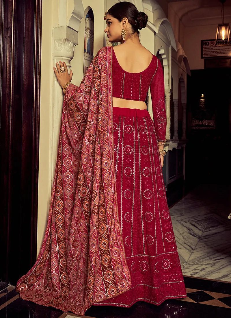 Cherry Red Mirror Work Embroidery Traditional Lehenga Choli