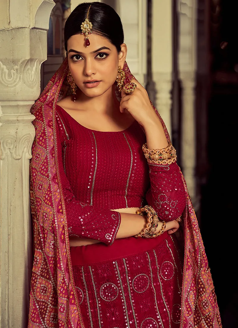 Cherry Red Mirror Work Embroidery Traditional Lehenga Choli