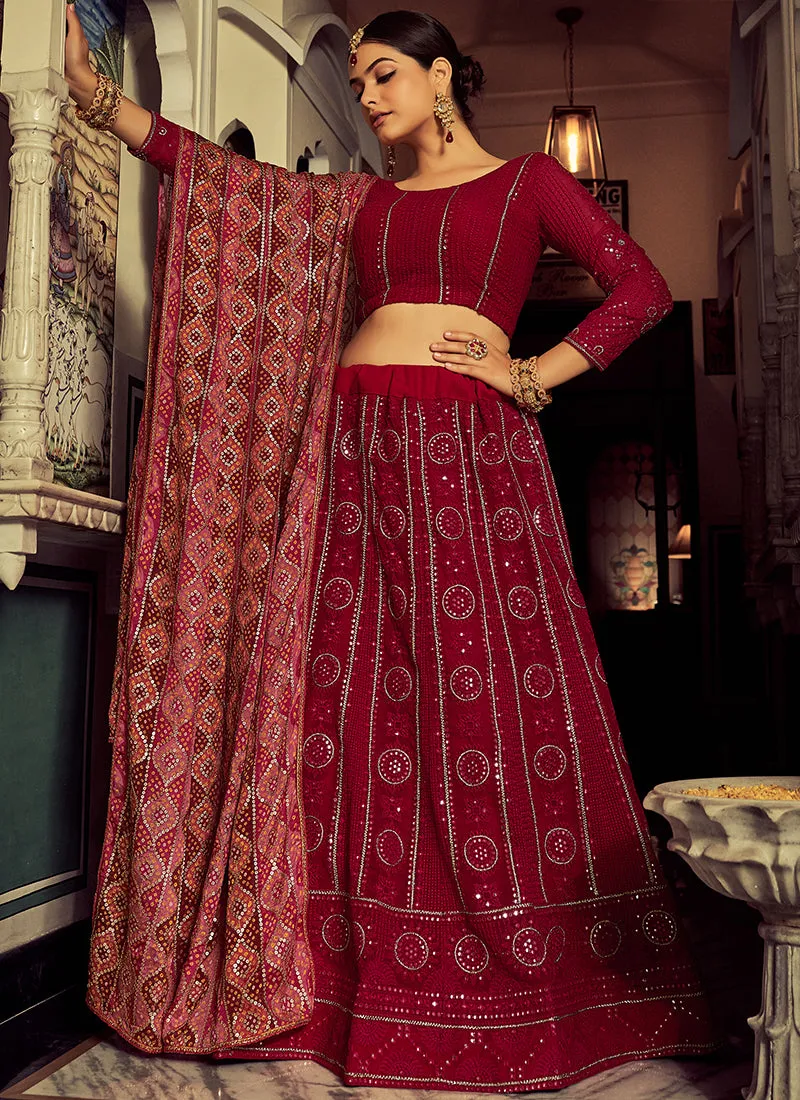 Cherry Red Mirror Work Embroidery Traditional Lehenga Choli