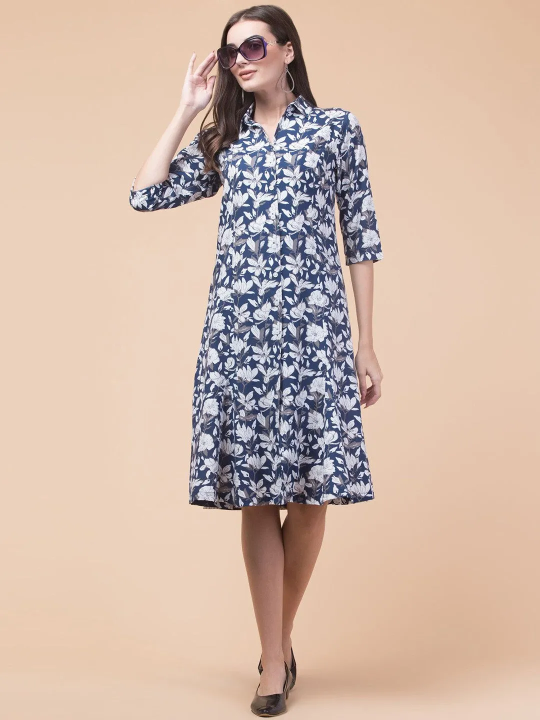 Chic Navy Blue Elegant Shirt Midi Dress