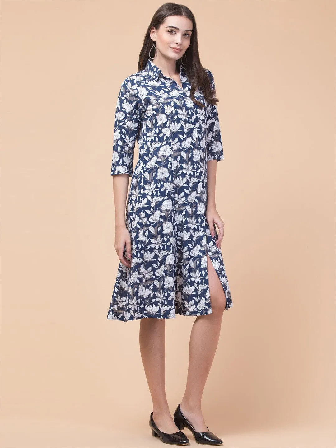 Chic Navy Blue Elegant Shirt Midi Dress