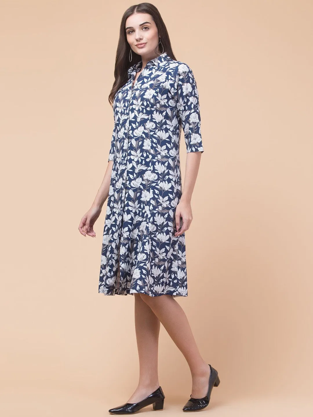 Chic Navy Blue Elegant Shirt Midi Dress