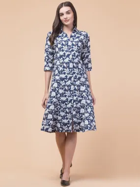 Chic Navy Blue Elegant Shirt Midi Dress