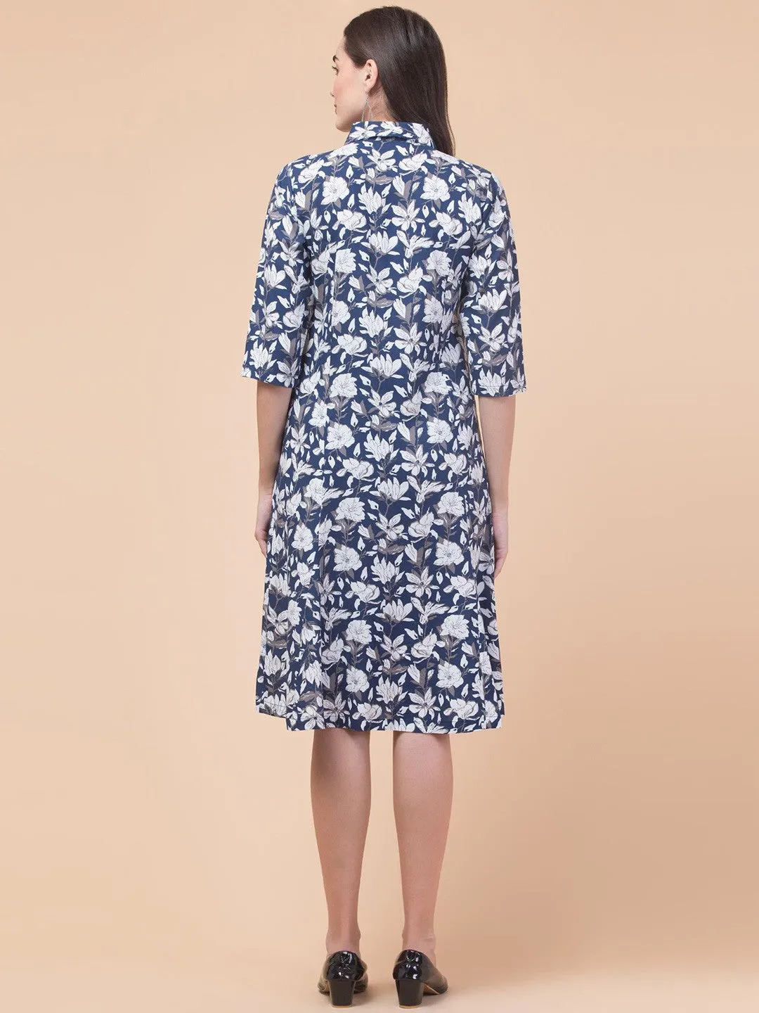Chic Navy Blue Elegant Shirt Midi Dress
