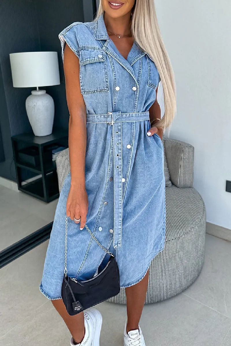 Classic Lapel Collar Buttons Down Pockets Denim Midi Dress