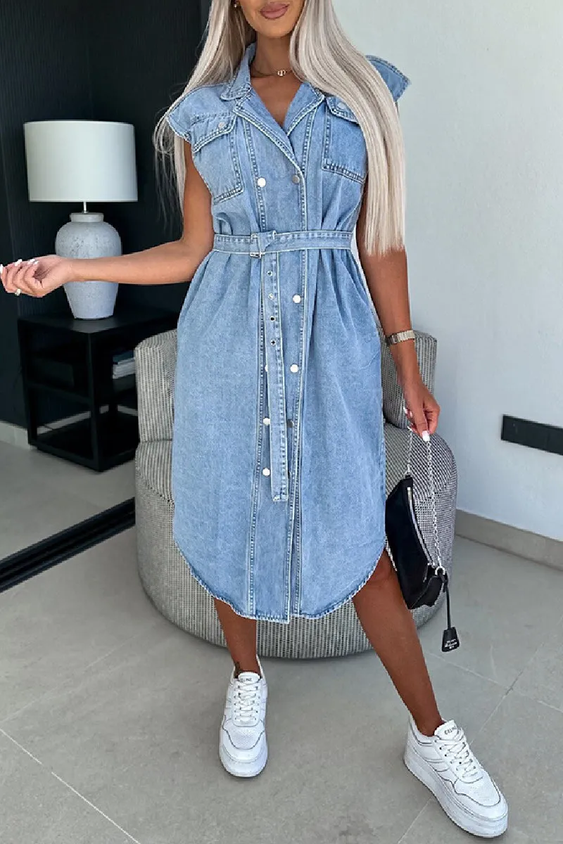 Classic Lapel Collar Buttons Down Pockets Denim Midi Dress