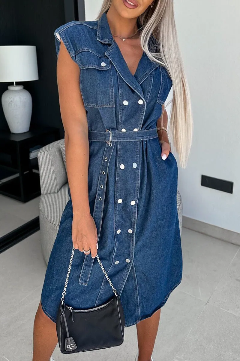 Classic Lapel Collar Buttons Down Pockets Denim Midi Dress