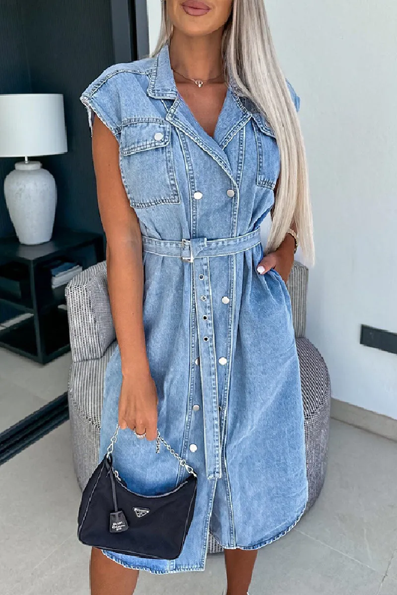 Classic Lapel Collar Buttons Down Pockets Denim Midi Dress