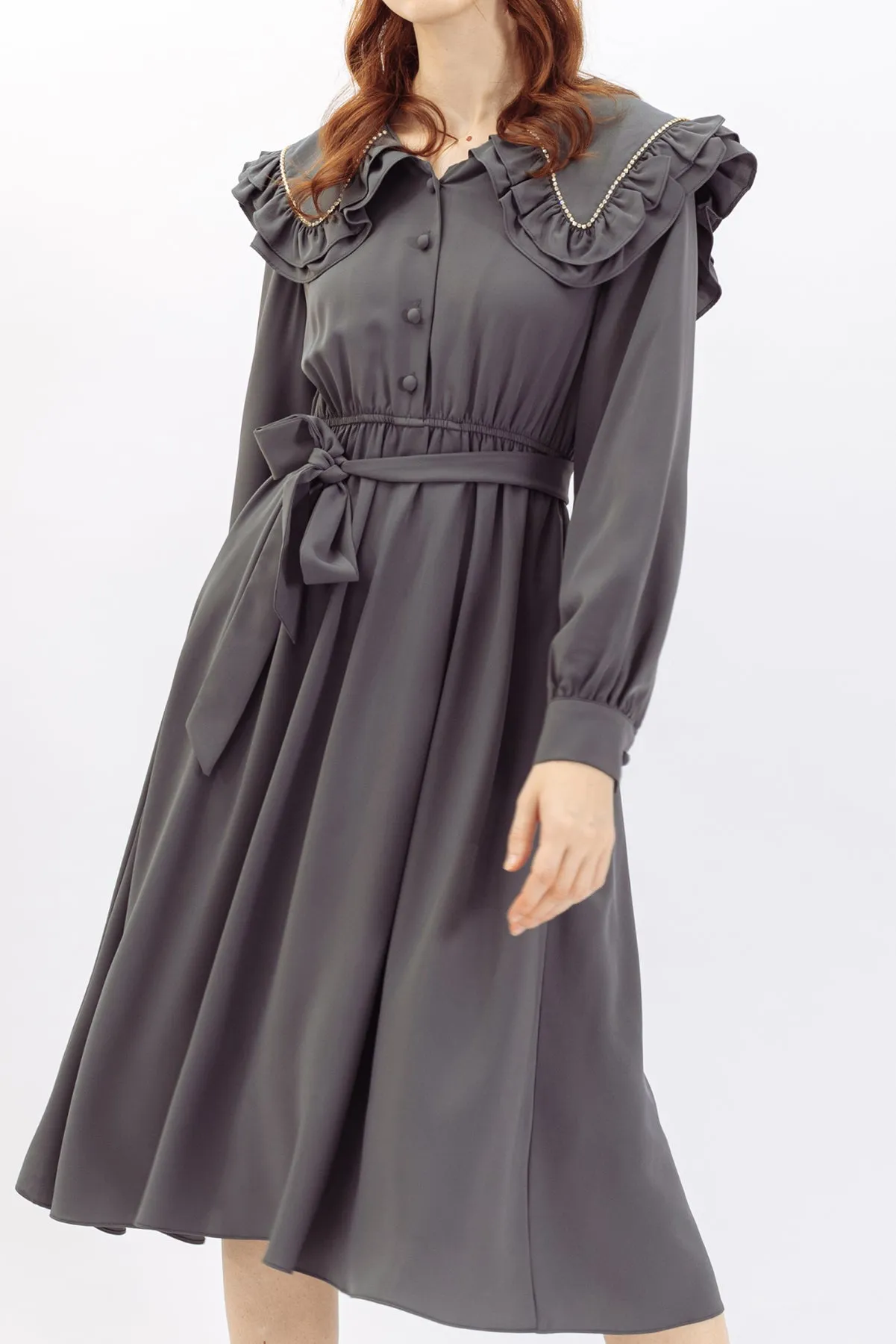 Claudette Detail Trim Ruffle Collar Maxi Dress
