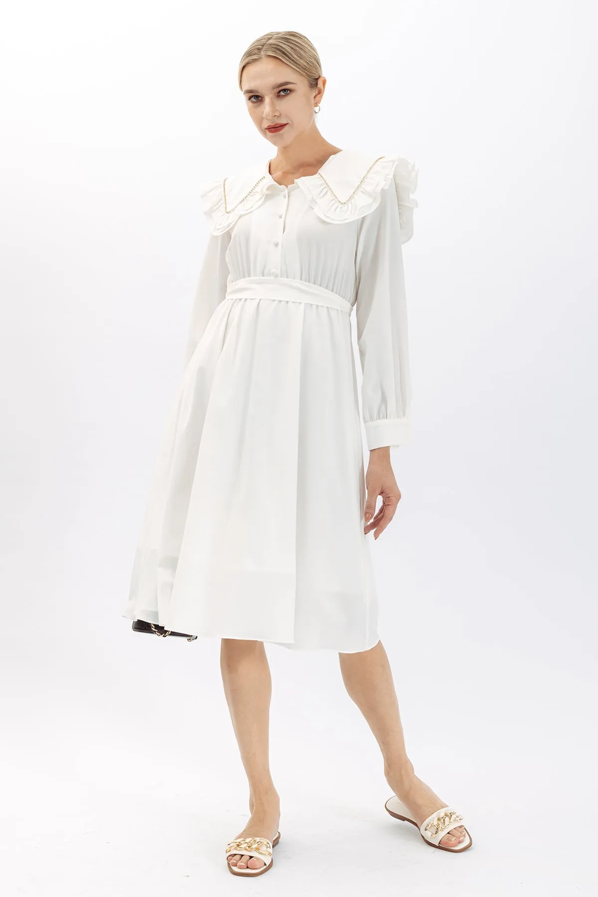 Claudette Detail Trim Ruffle Collar Maxi Dress