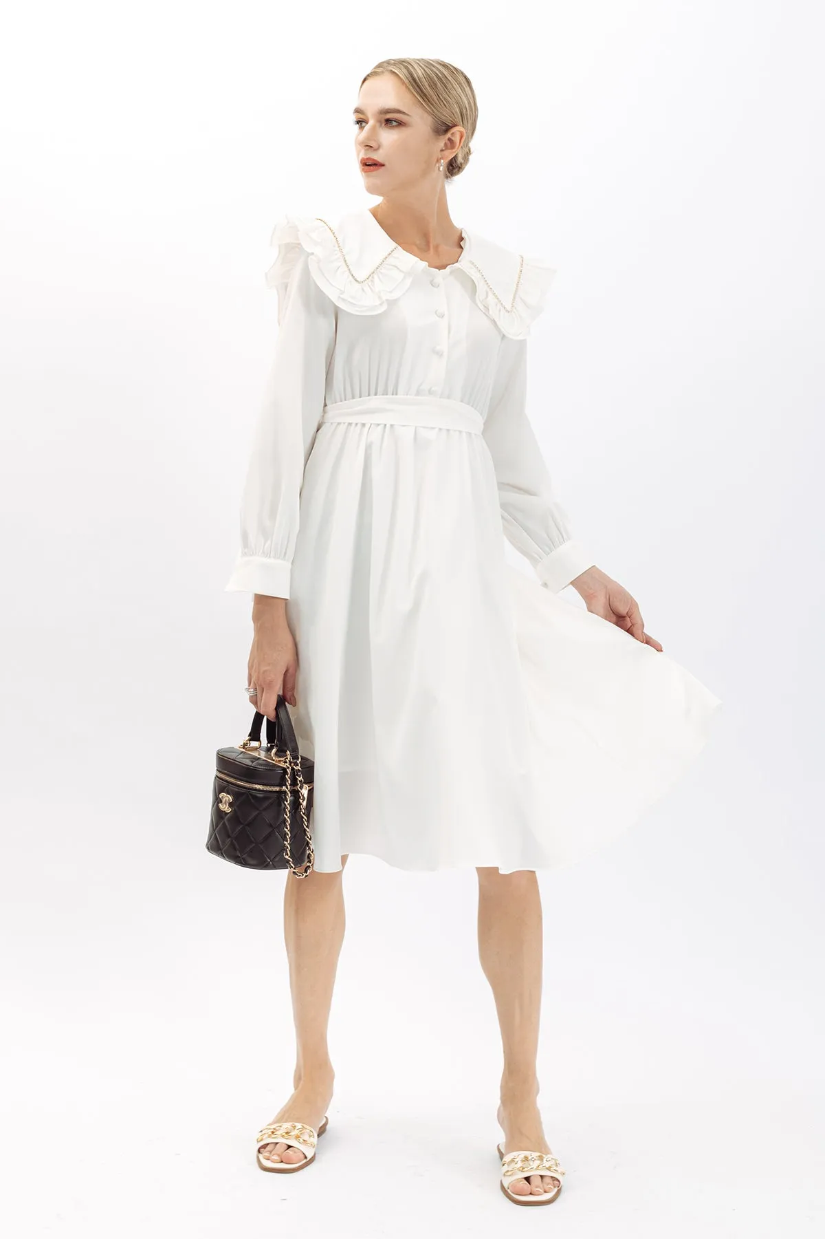 Claudette Detail Trim Ruffle Collar Maxi Dress
