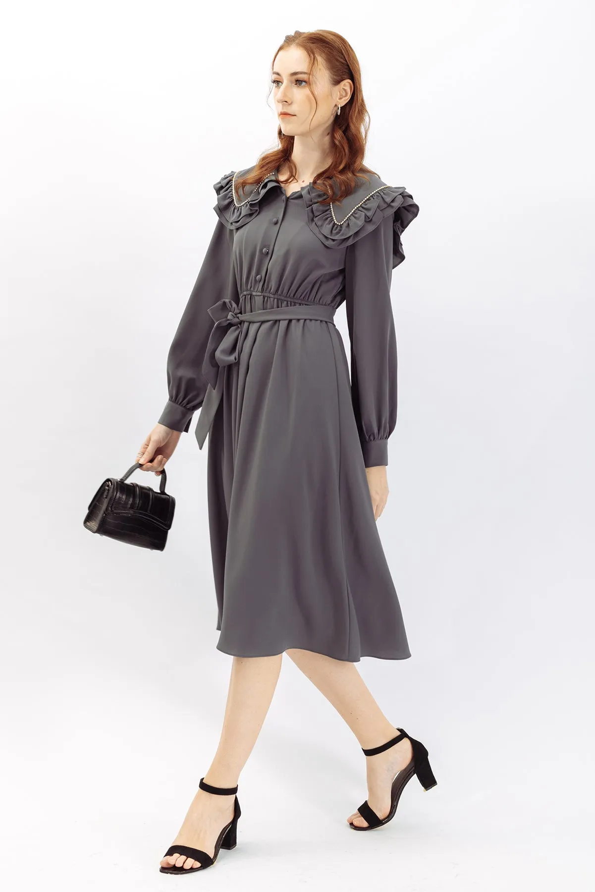 Claudette Detail Trim Ruffle Collar Maxi Dress