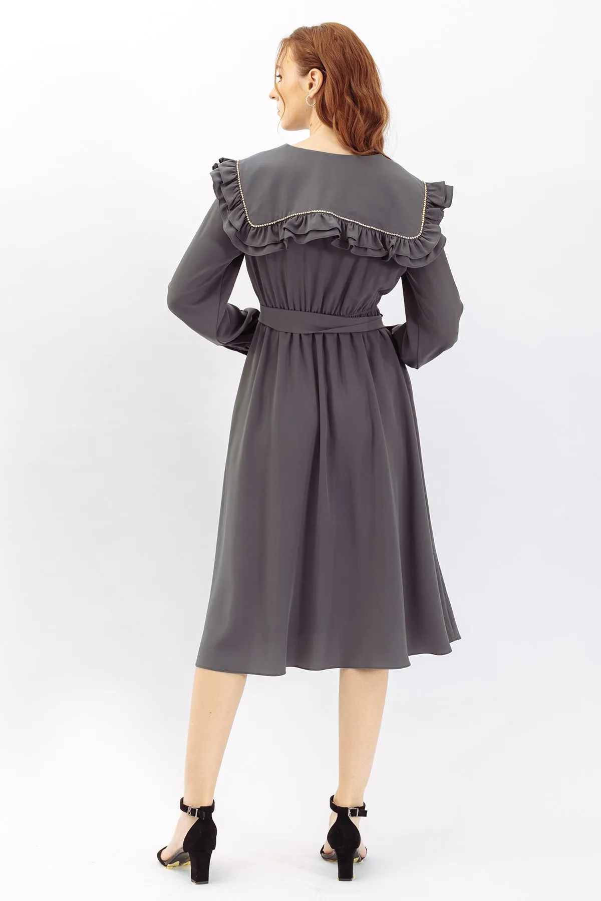 Claudette Detail Trim Ruffle Collar Maxi Dress