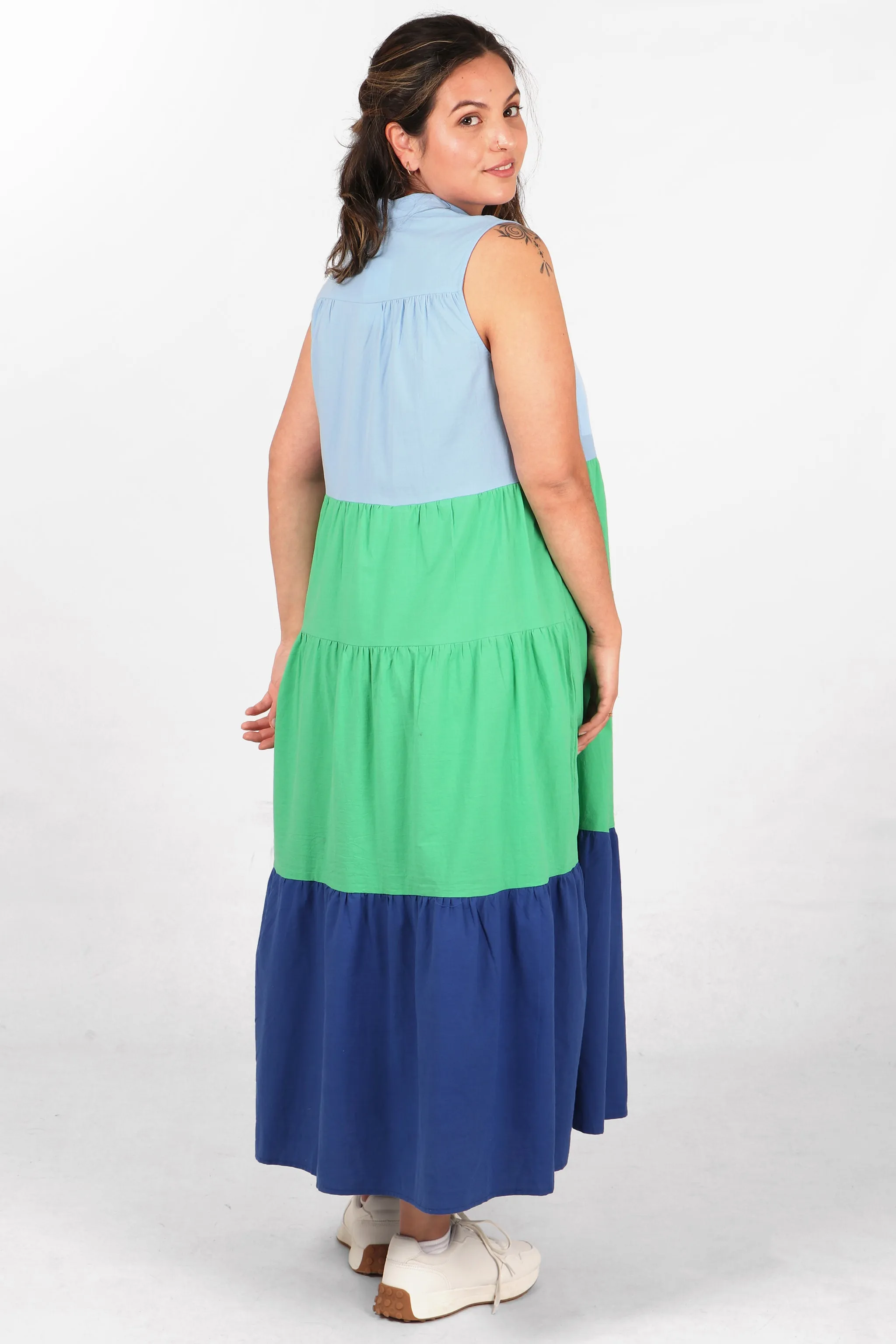 Colourblock Sleeveless Tiered Midaxi Cotton Dress in Blue