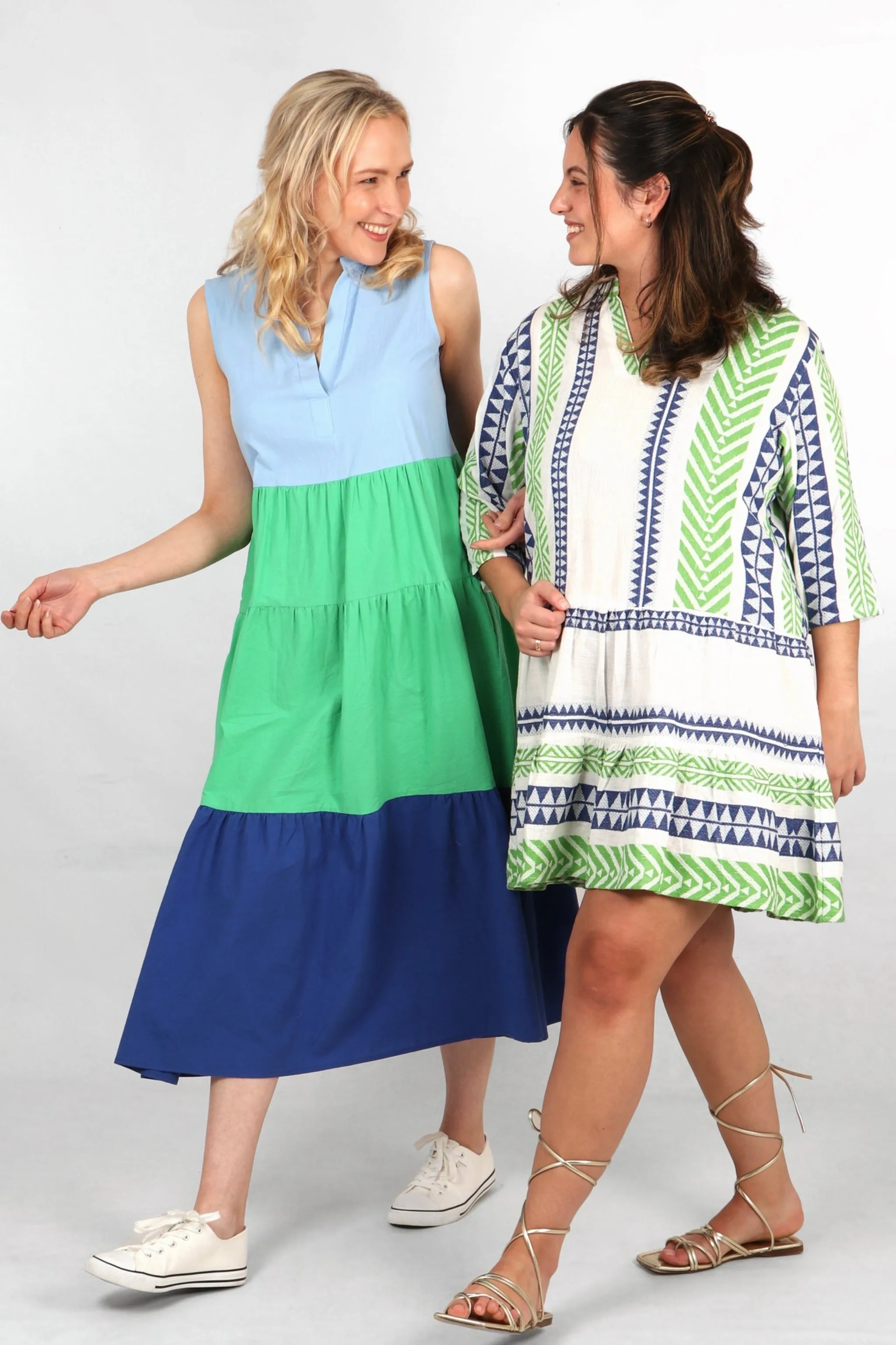 Colourblock Sleeveless Tiered Midaxi Cotton Dress in Blue