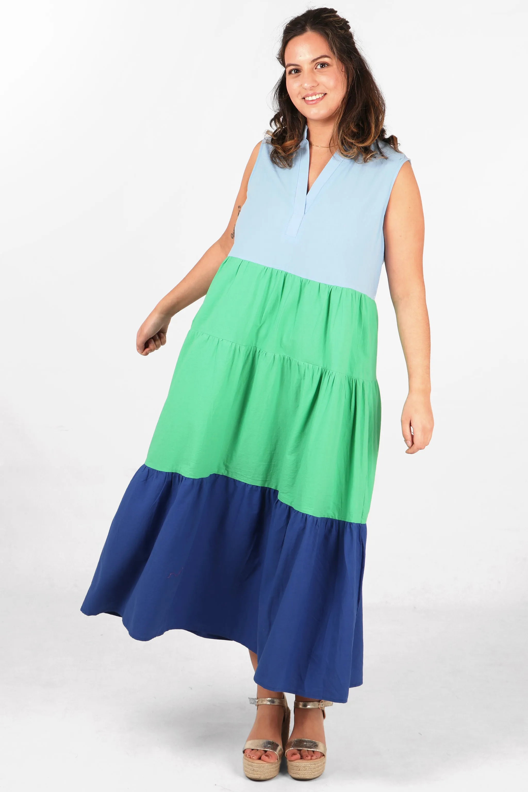 Colourblock Sleeveless Tiered Midaxi Cotton Dress in Blue