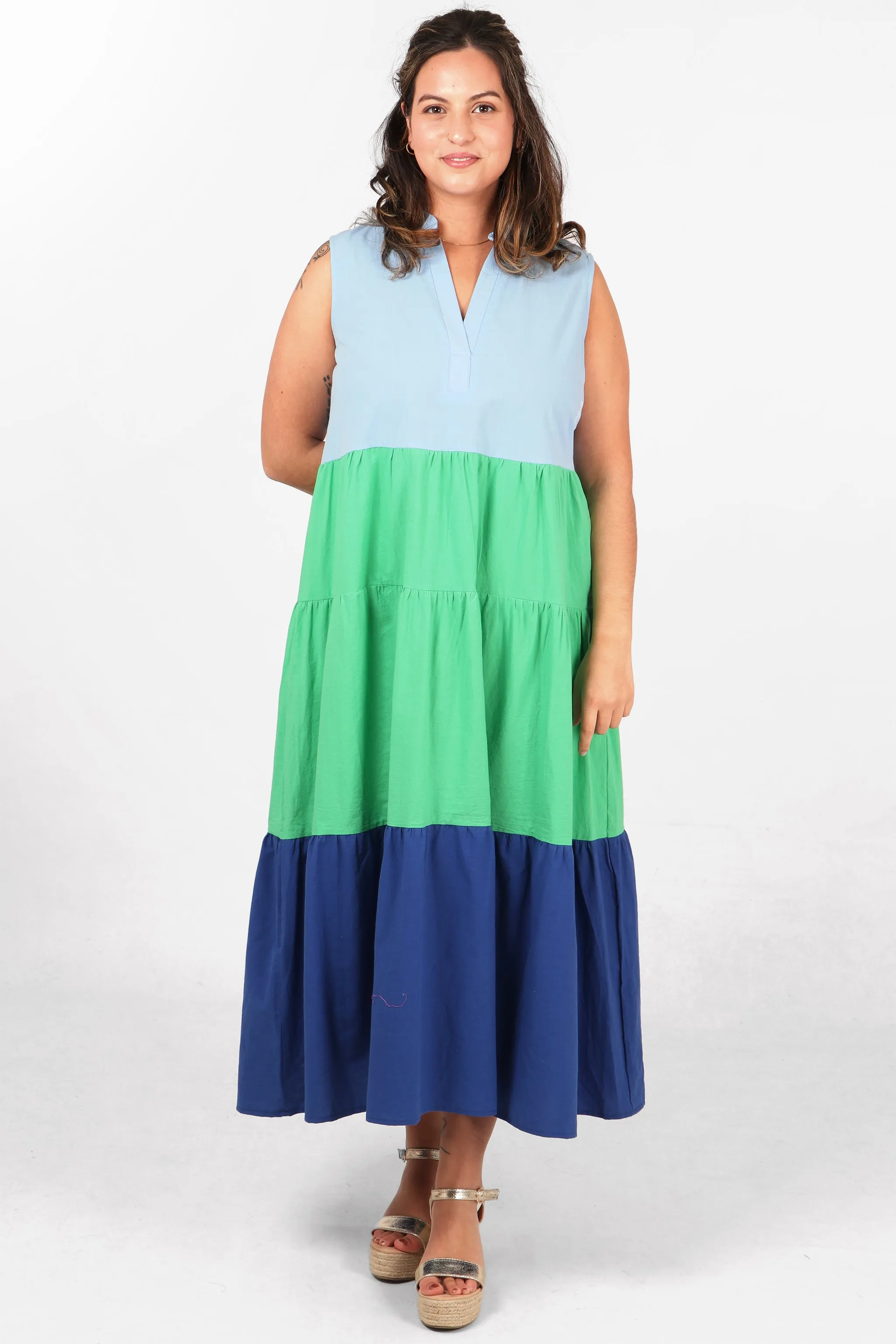 Colourblock Sleeveless Tiered Midaxi Cotton Dress in Blue