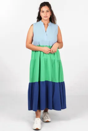 Colourblock Sleeveless Tiered Midaxi Cotton Dress in Blue