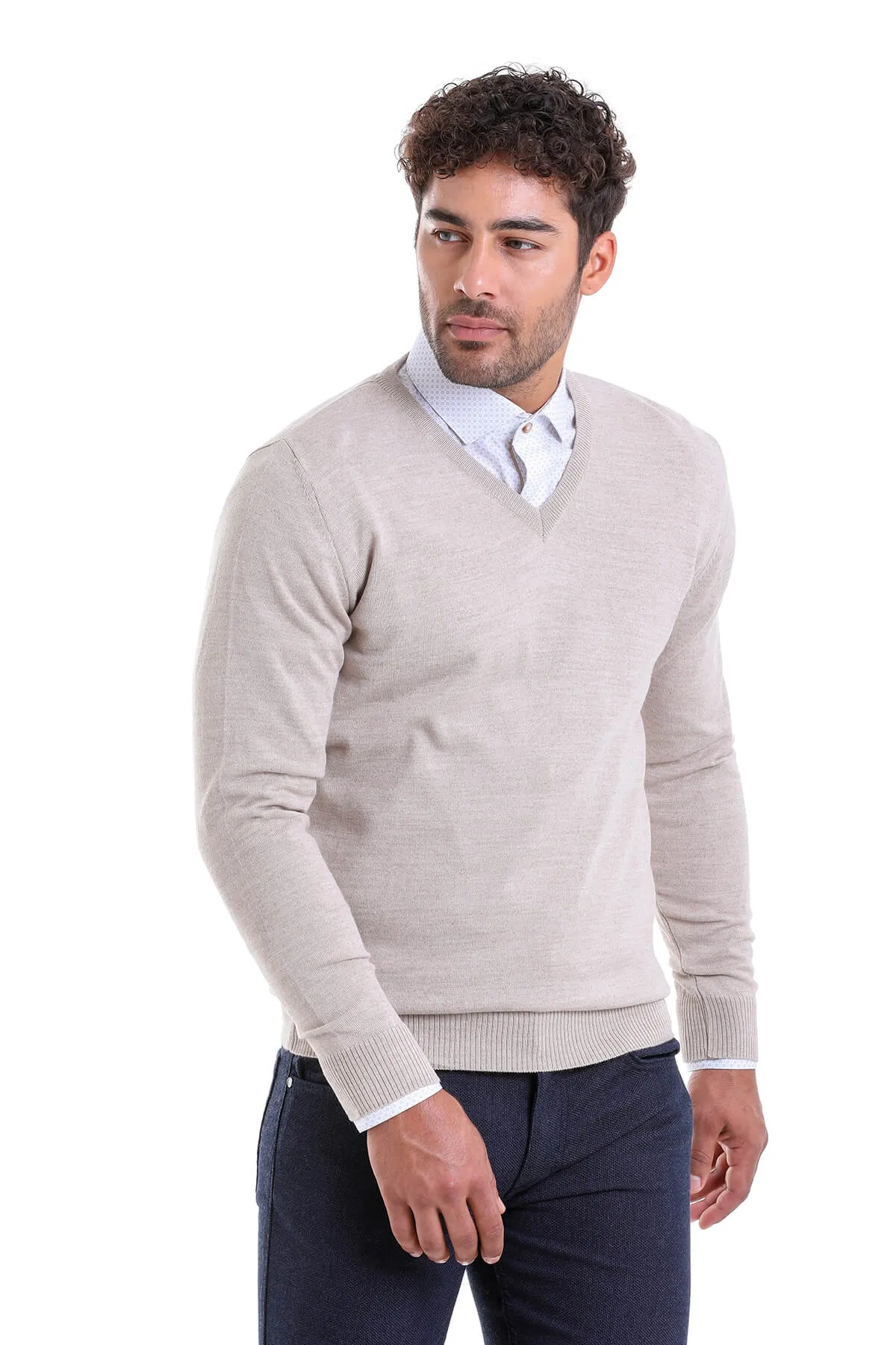 Comfort Fit Wool Blend Beige V-Neck Sweater