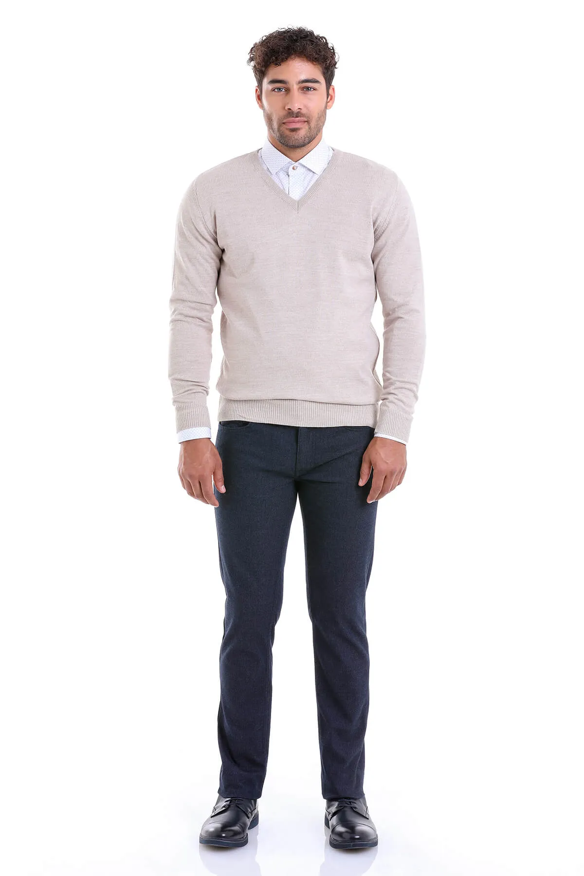 Comfort Fit Wool Blend Beige V-Neck Sweater