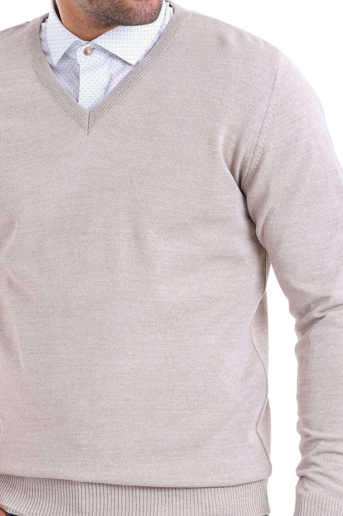Comfort Fit Wool Blend Beige V-Neck Sweater