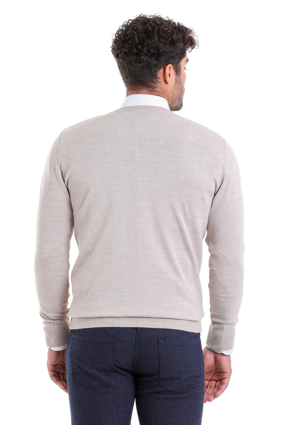 Comfort Fit Wool Blend Beige V-Neck Sweater