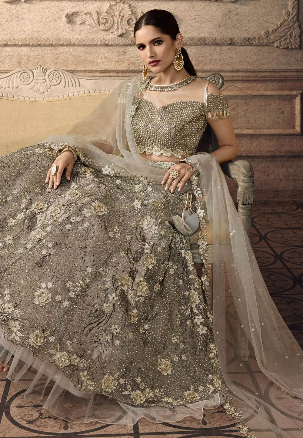 Copper Golden Floral Wedding Lehenga Set