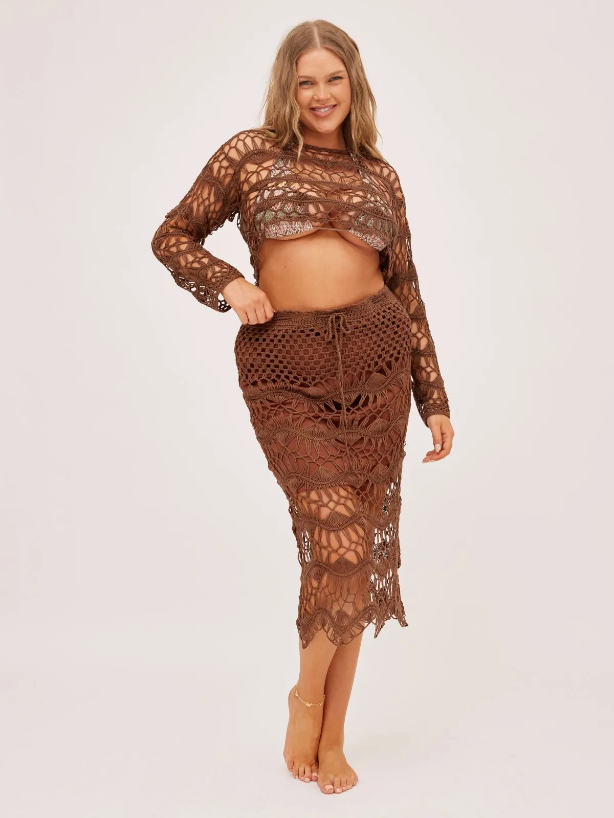 Cora Crochet Midi Skirt / Brown