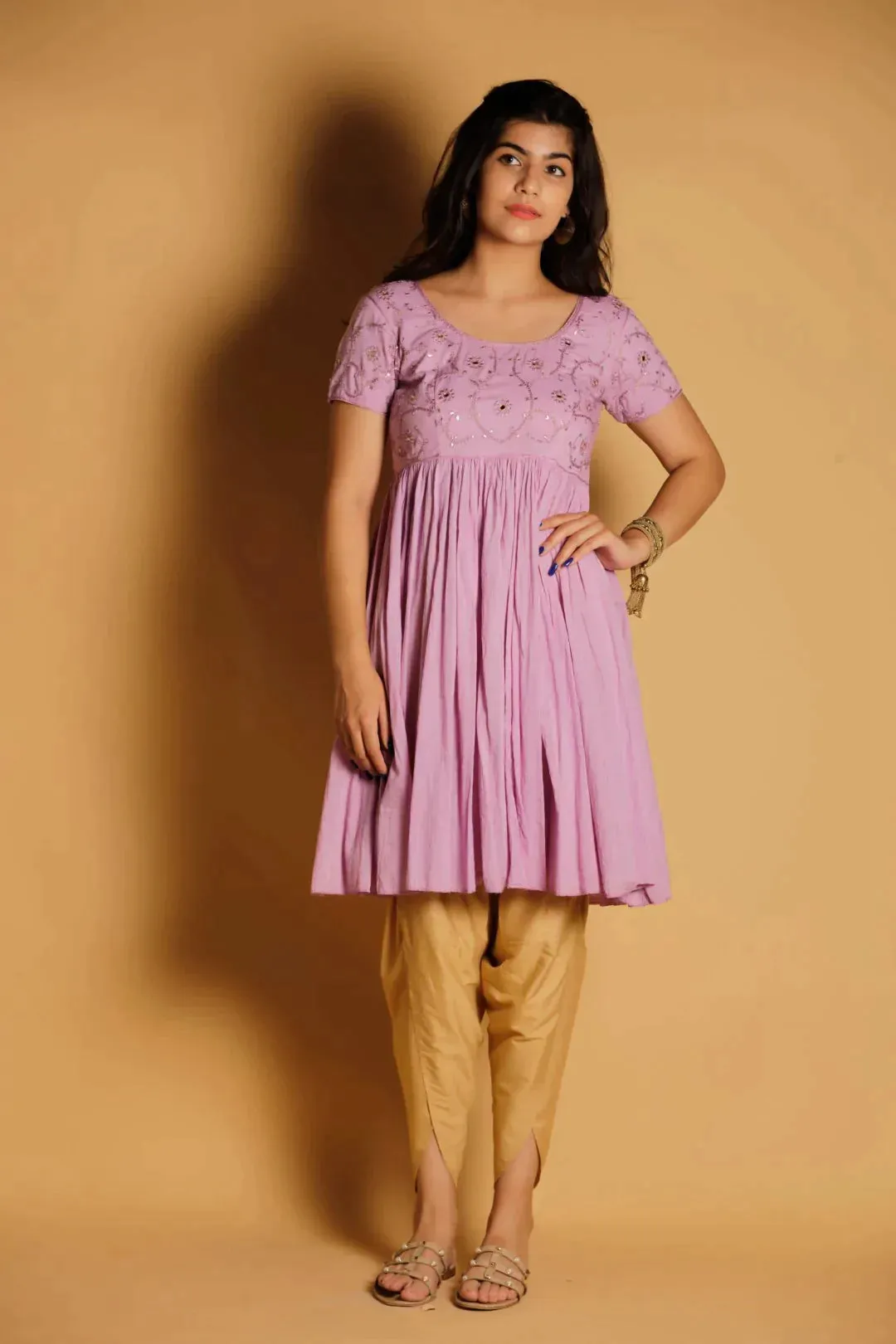Cotton Crinkled Hand Embroidered Kurta With Tulip Pants