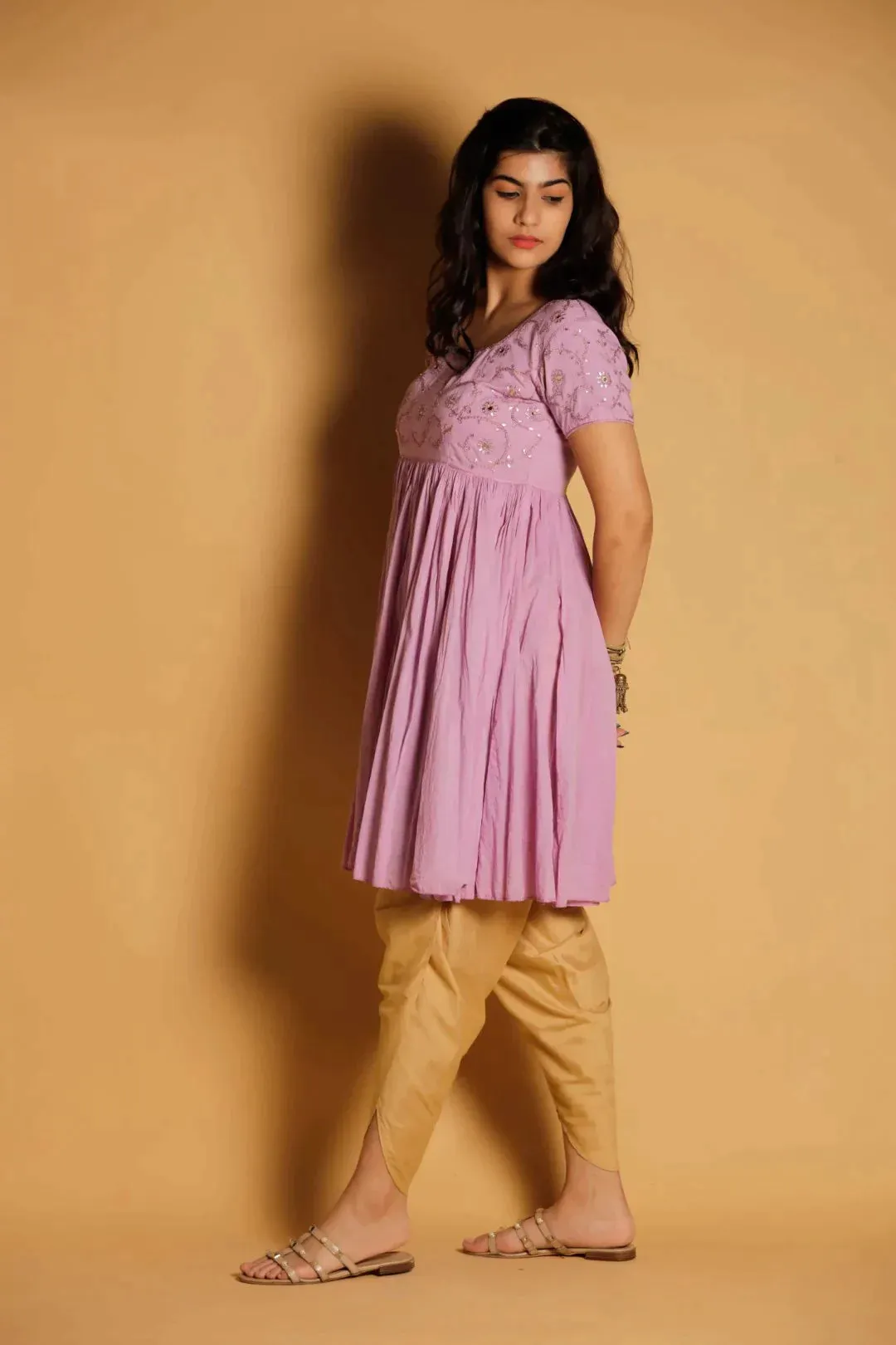 Cotton Crinkled Hand Embroidered Kurta With Tulip Pants