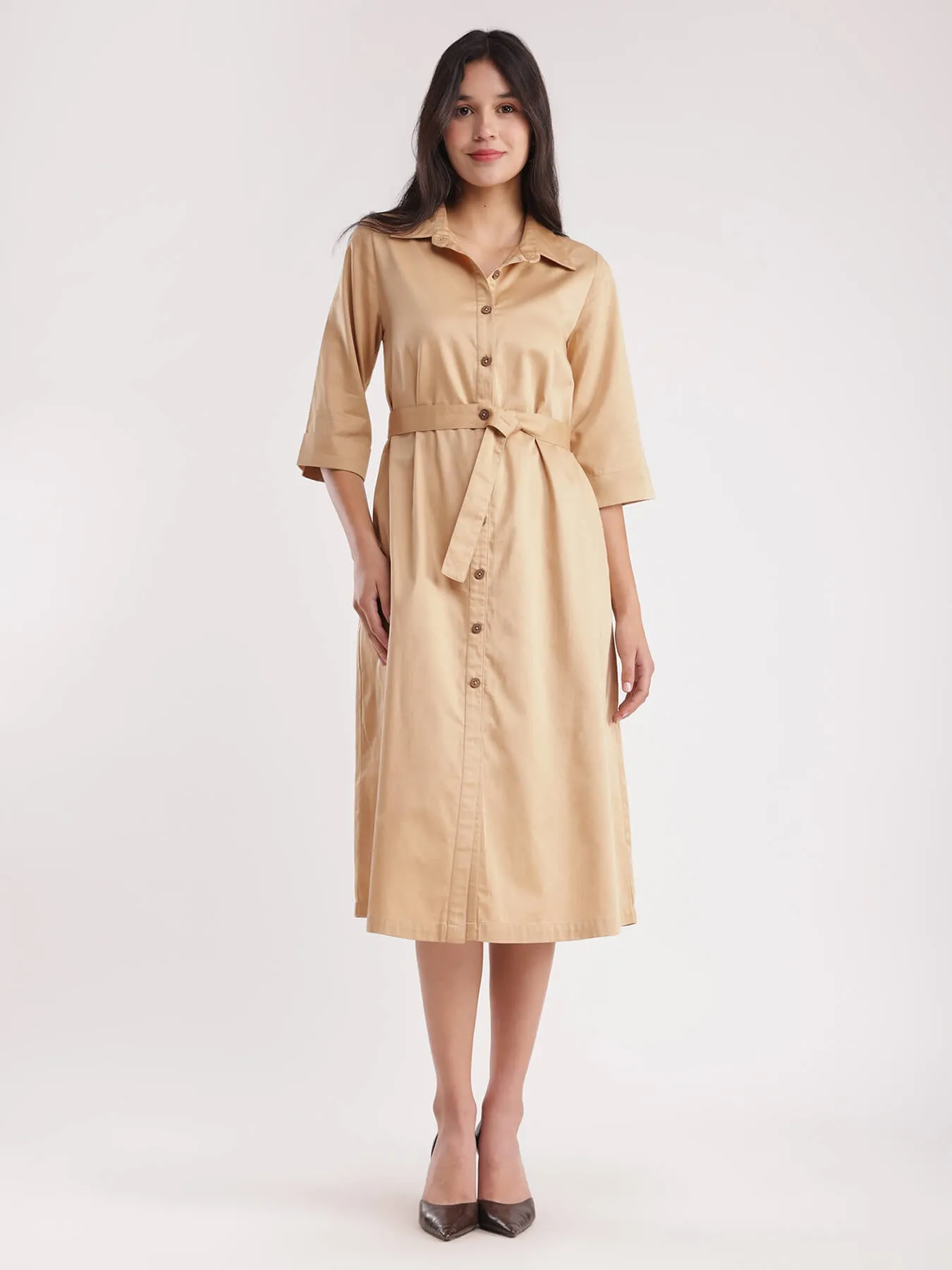 Cotton Satin Shirt Dress - Beige