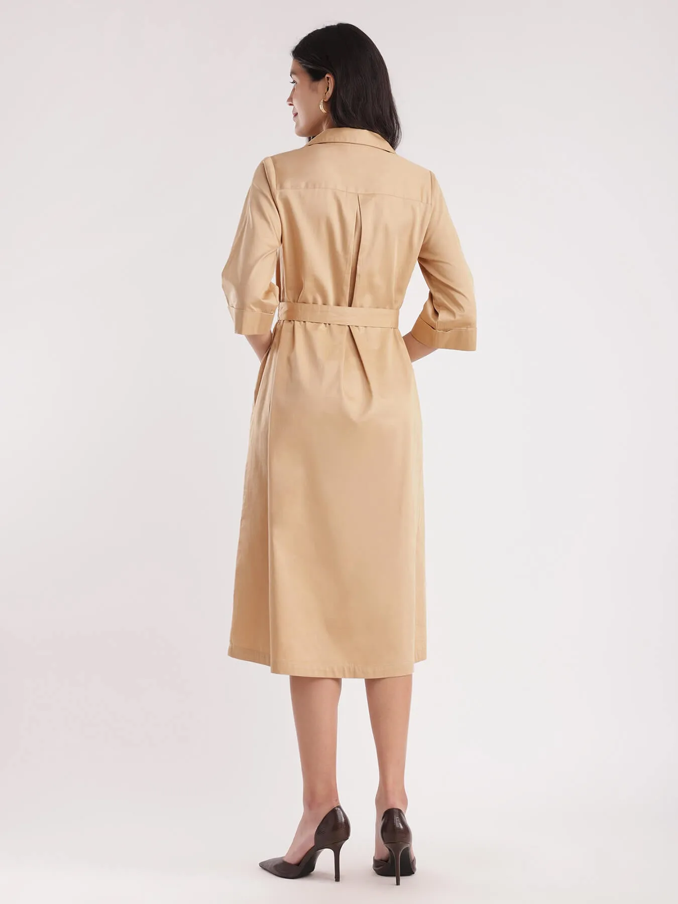 Cotton Satin Shirt Dress - Beige