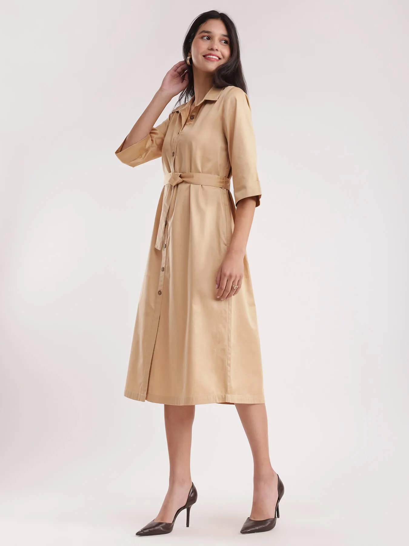 Cotton Satin Shirt Dress - Beige