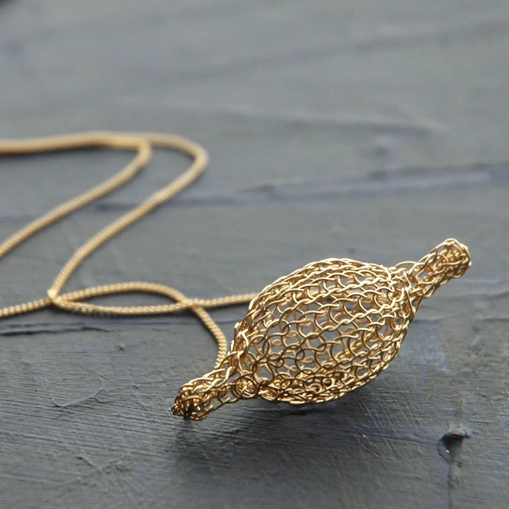 Crocheted gold filled Bubble pod necklace , unique handmade wire crochet jewelry