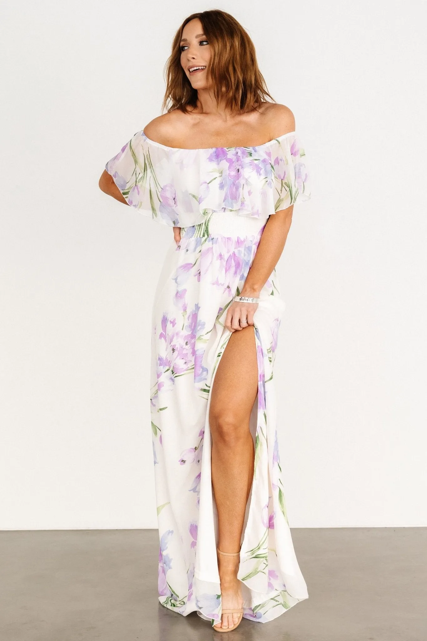 Daphne Off Shoulder Maxi Dress | Ivory   Lavender Floral