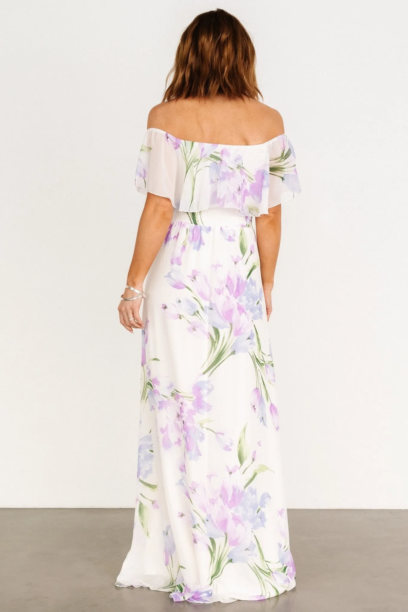 Daphne Off Shoulder Maxi Dress | Ivory   Lavender Floral