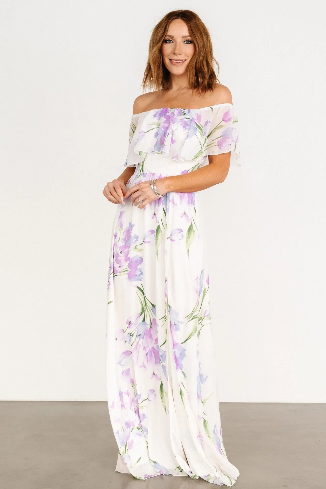 Daphne Off Shoulder Maxi Dress | Ivory   Lavender Floral