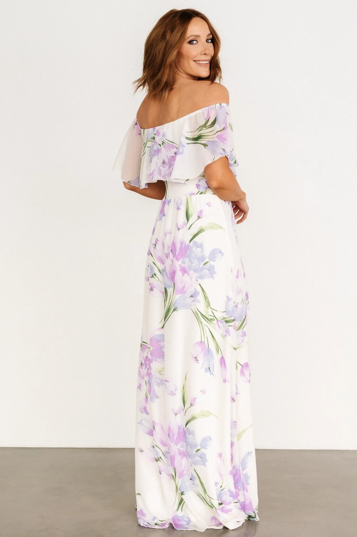 Daphne Off Shoulder Maxi Dress | Ivory   Lavender Floral