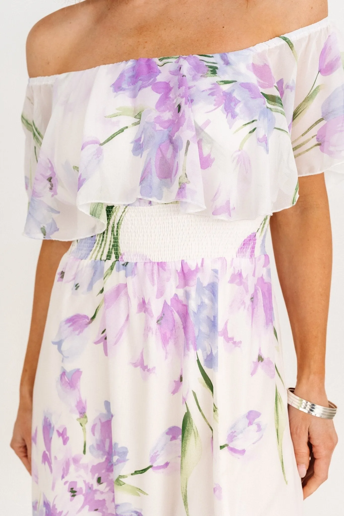Daphne Off Shoulder Maxi Dress | Ivory   Lavender Floral