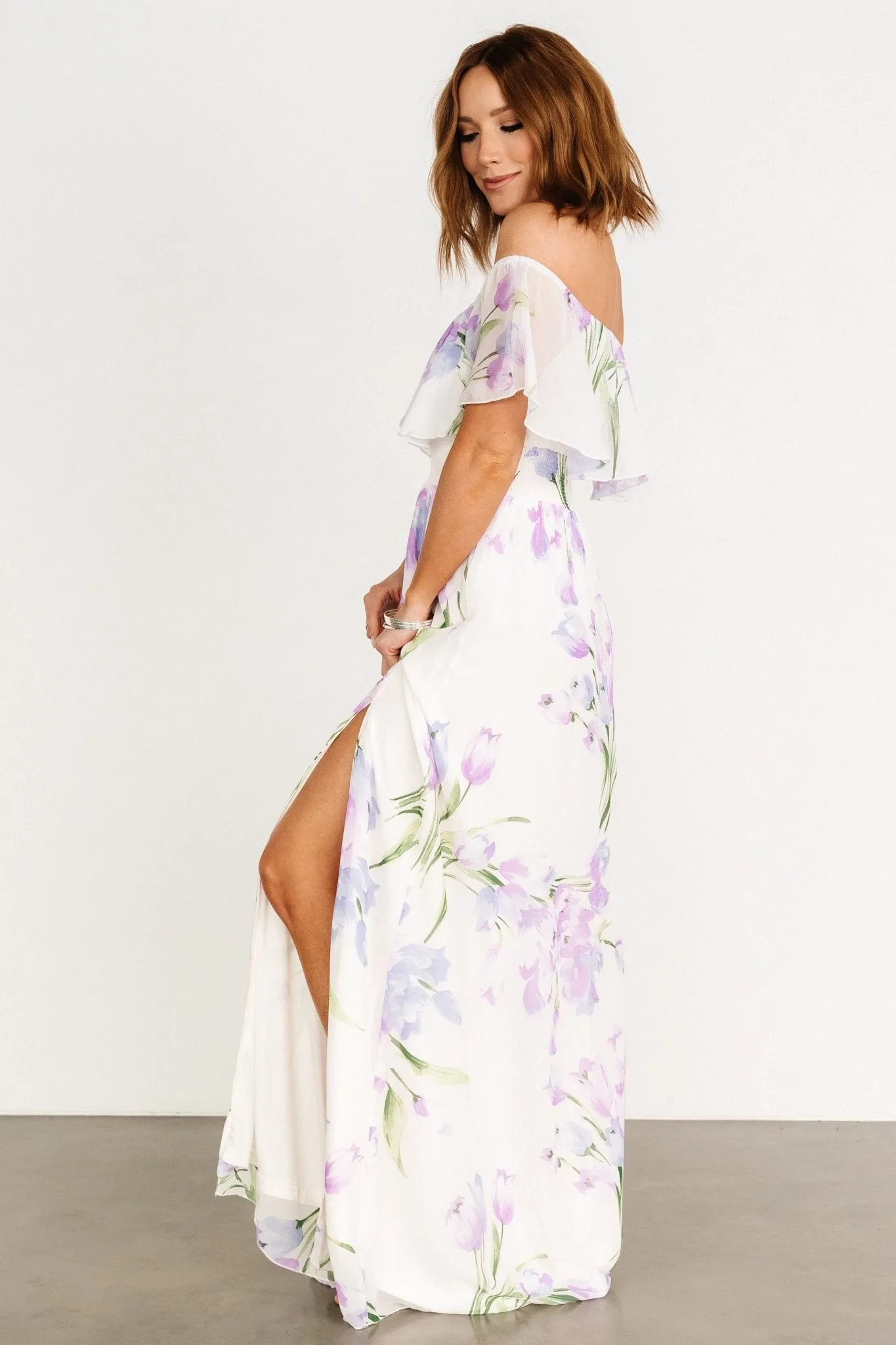 Daphne Off Shoulder Maxi Dress | Ivory   Lavender Floral