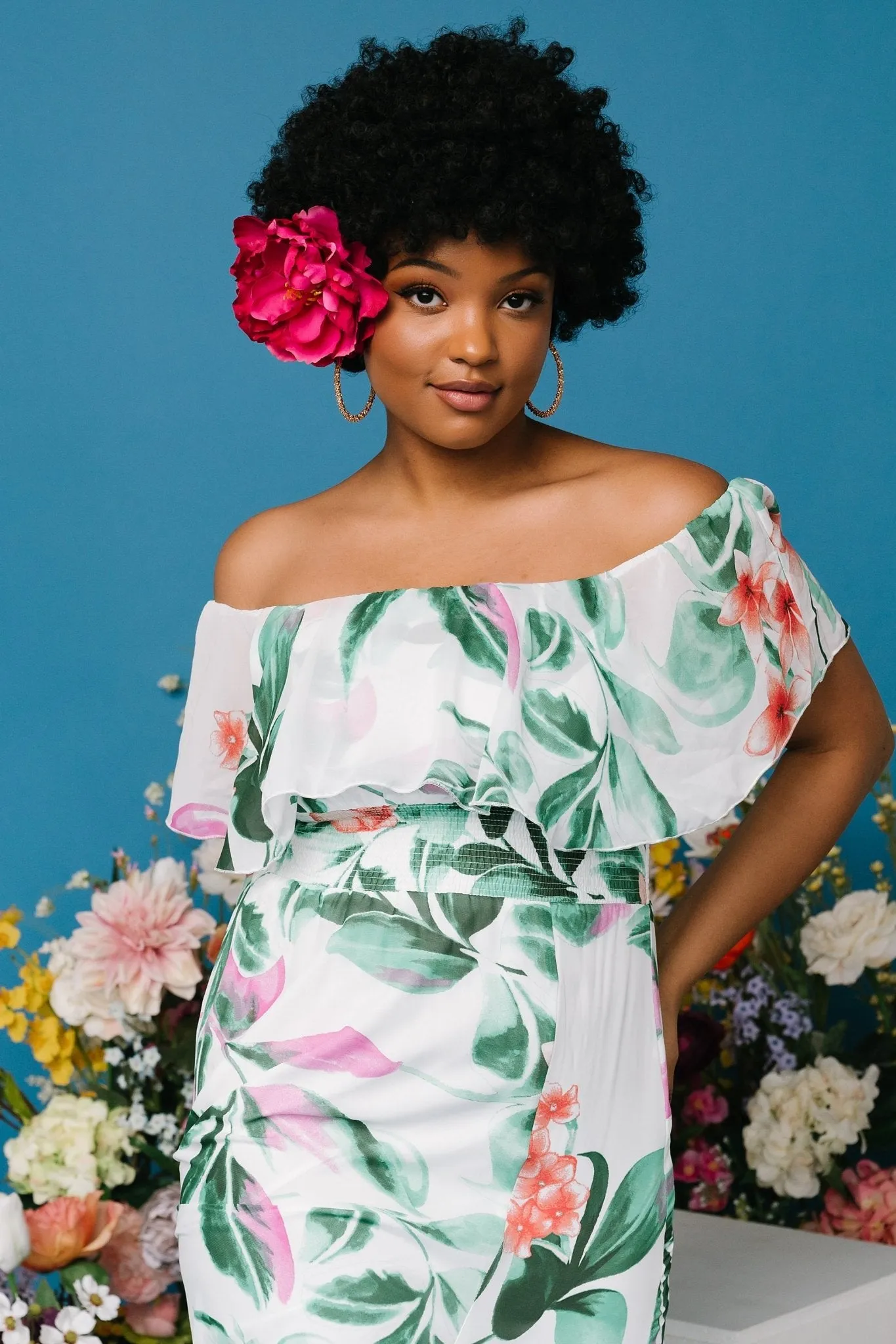 Daphne Off Shoulder Maxi Dress | White   Green Multi Floral