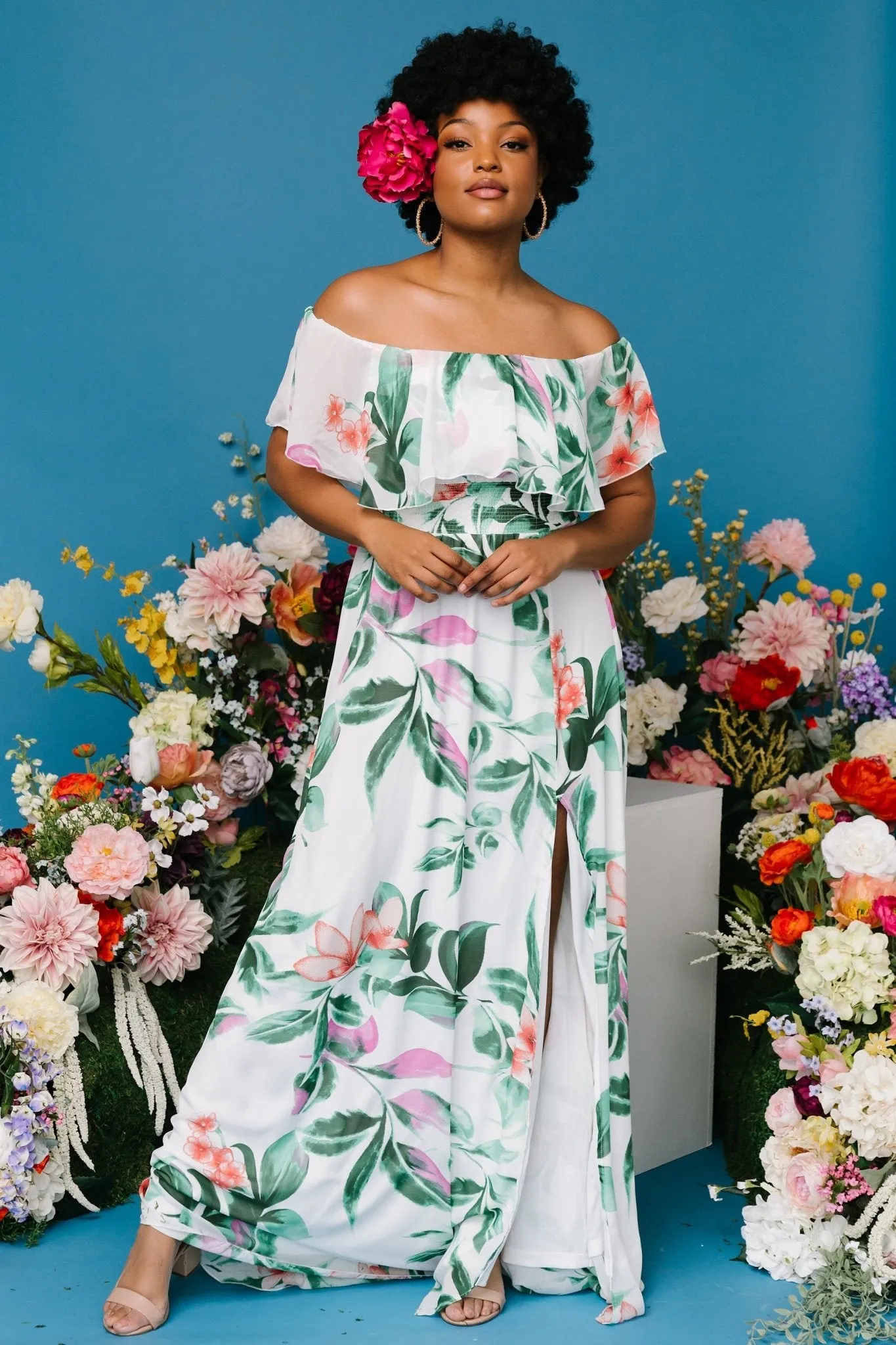 Daphne Off Shoulder Maxi Dress | White   Green Multi Floral