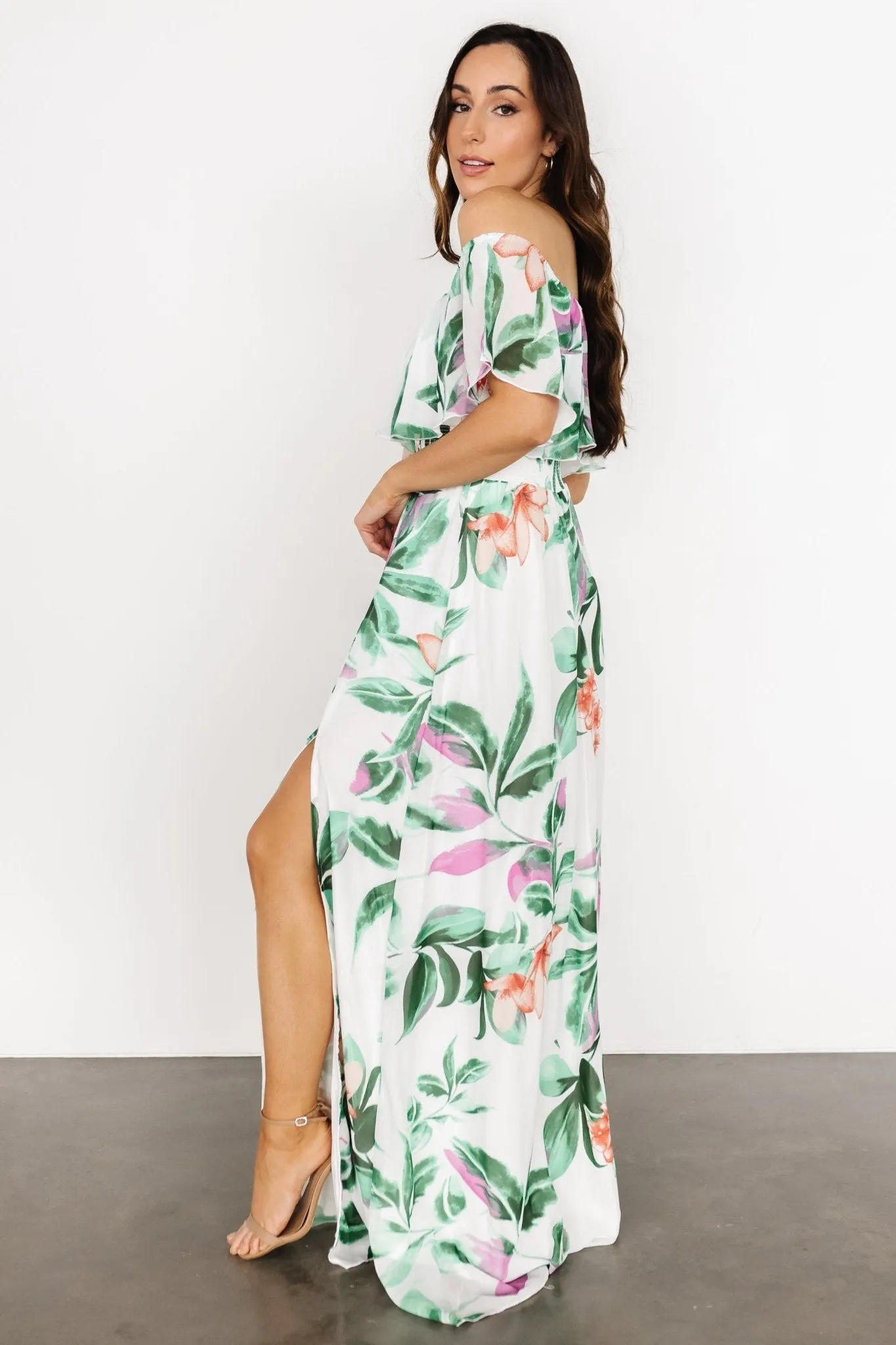 Daphne Off Shoulder Maxi Dress | White   Green Multi Floral