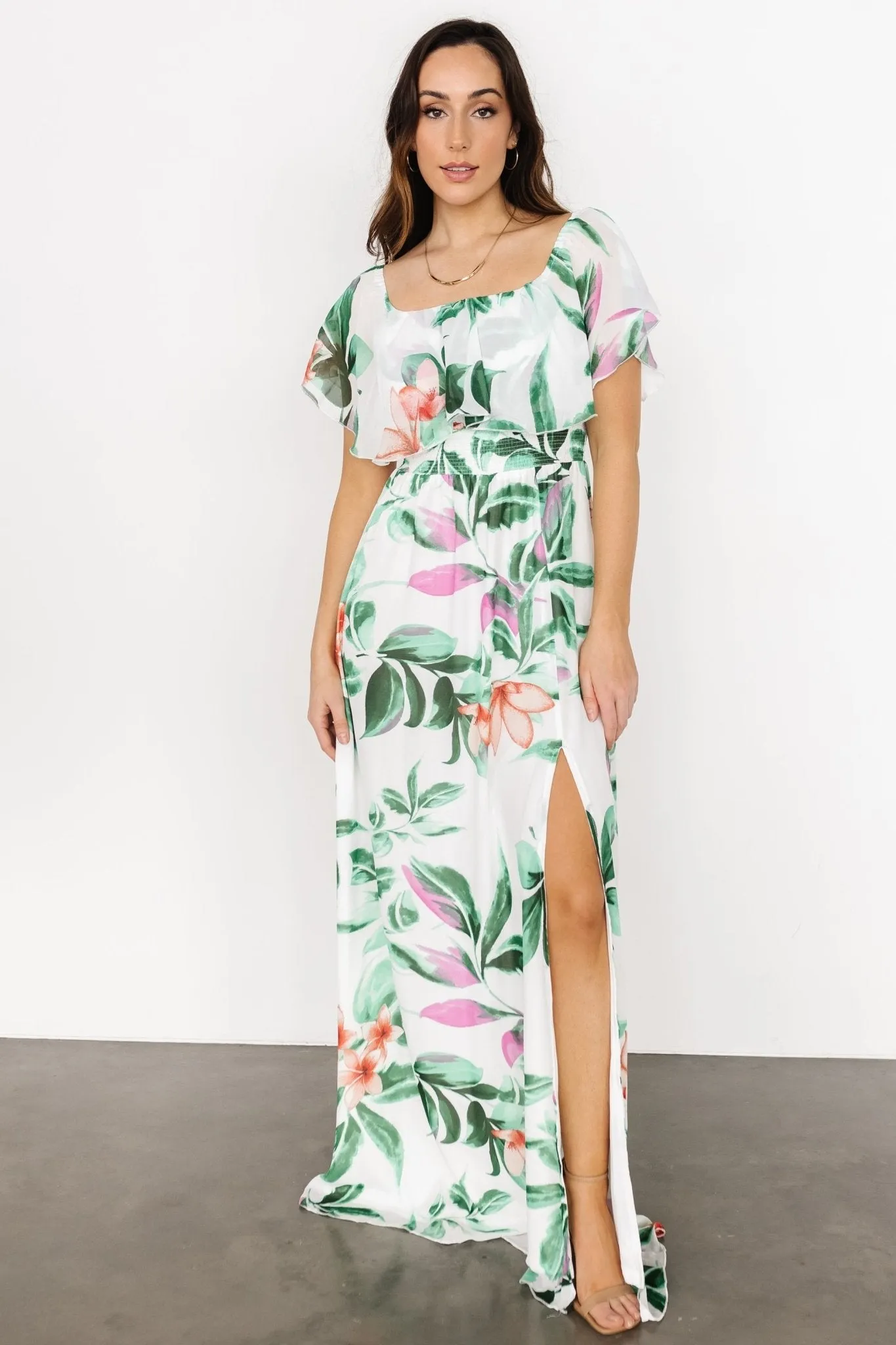 Daphne Off Shoulder Maxi Dress | White   Green Multi Floral