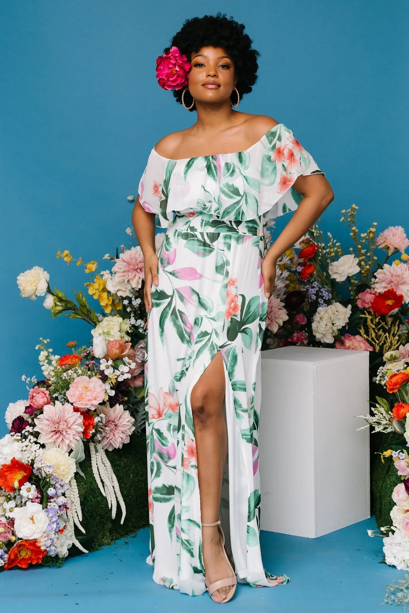 Daphne Off Shoulder Maxi Dress | White   Green Multi Floral