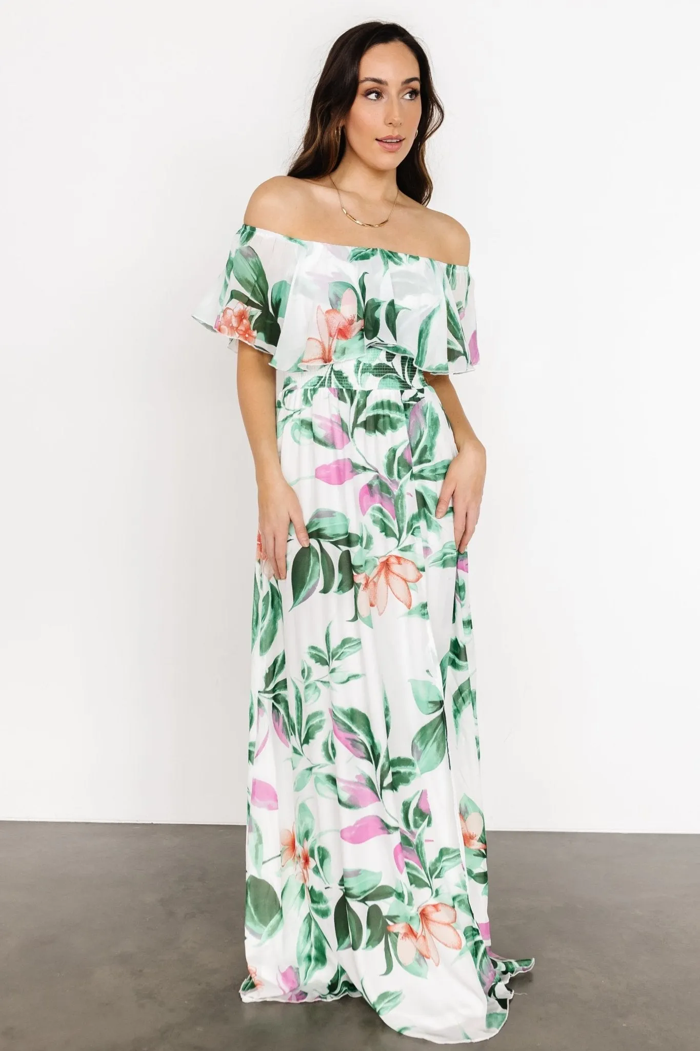 Daphne Off Shoulder Maxi Dress | White   Green Multi Floral
